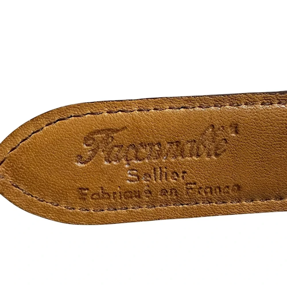 Faconnable Sellier Mens Canvas Leather Belt Cream Brown France Size 36 90